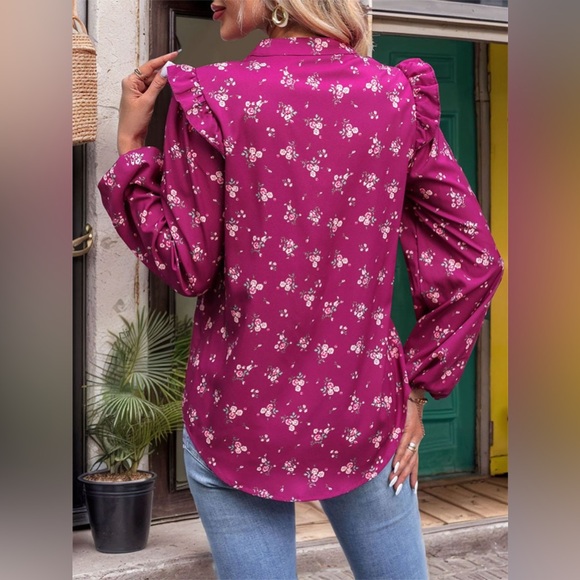 Ruffled Printed Notched Long Sleeve Blouse - Picture 2 of 6